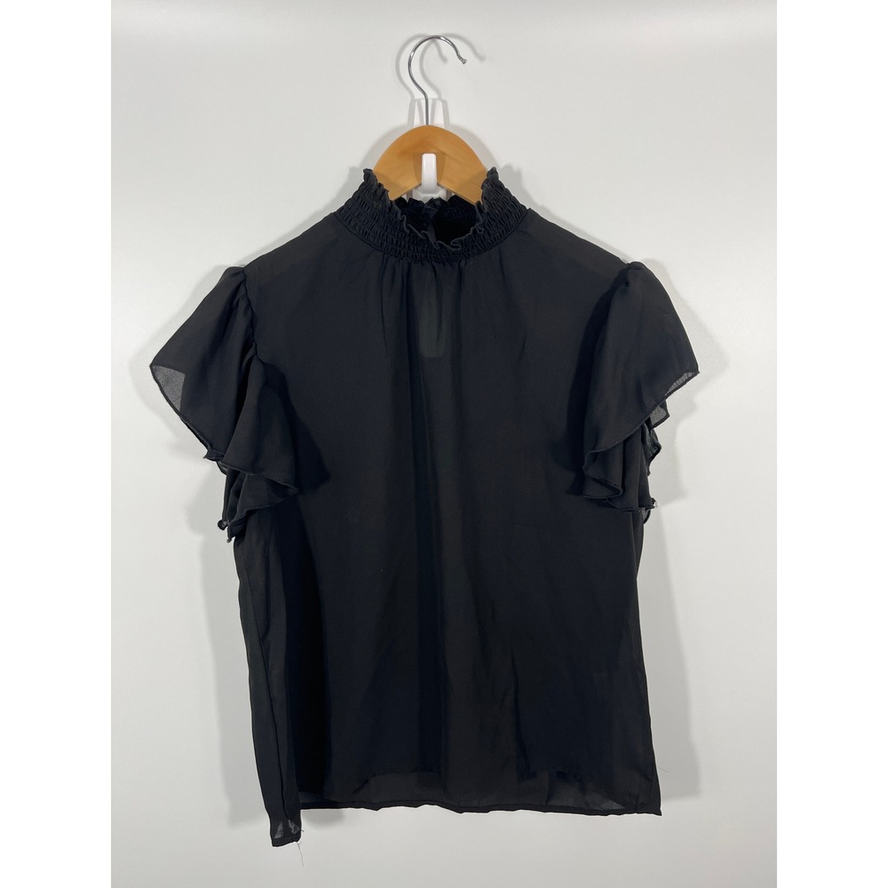 Whimsigoth Witchy Emo Womens Top M Black Sheer Flutter Sleeve Mock Neck Ruffle